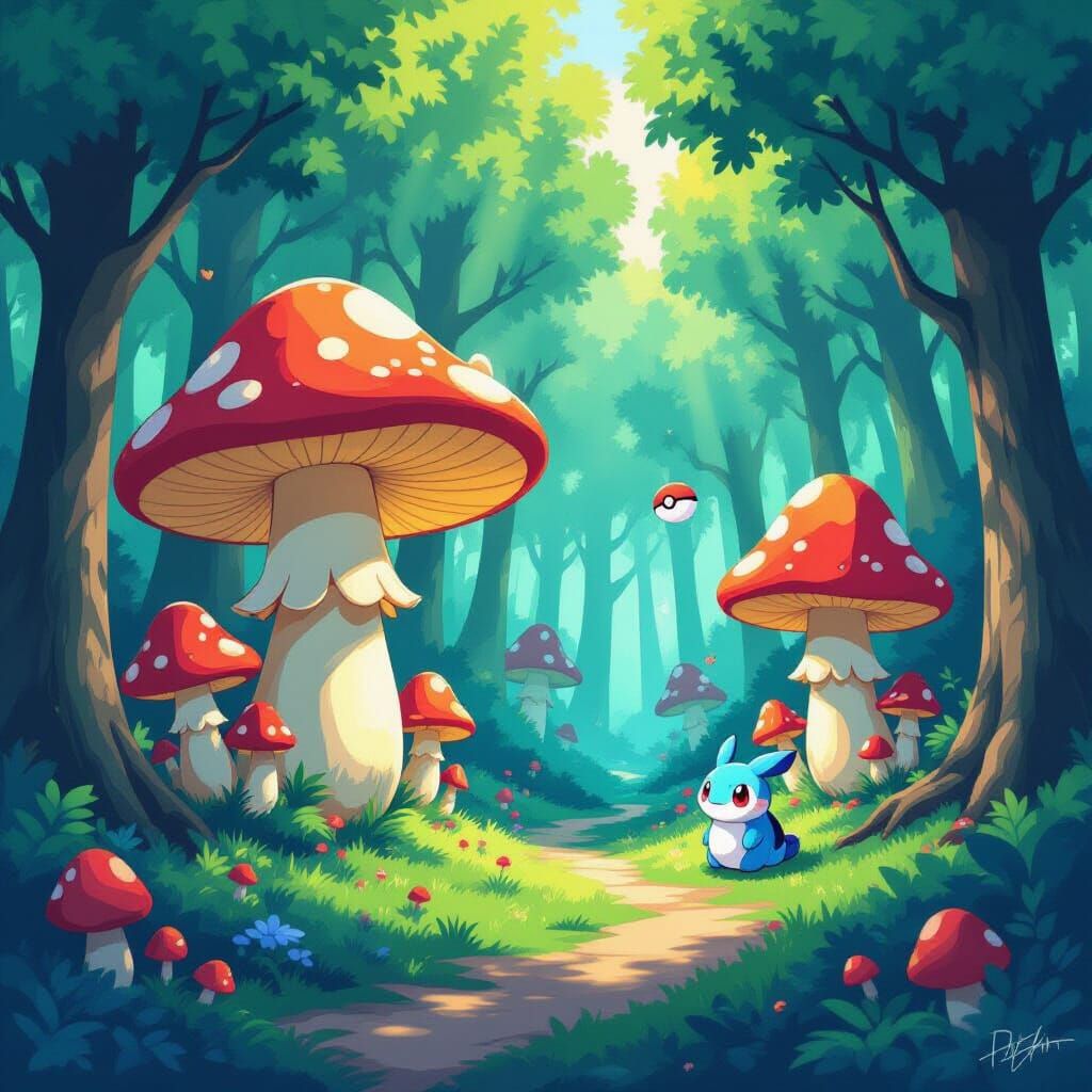 Psychedelic Anime Forest with Glowing Mushrooms and Pokemon