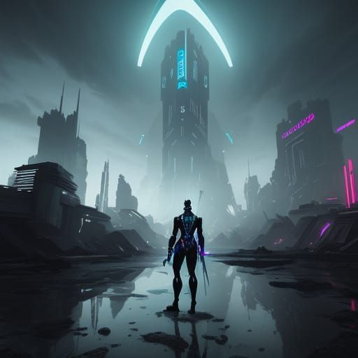 Archeofuturism Concept Art: Primitive Man, Neon City