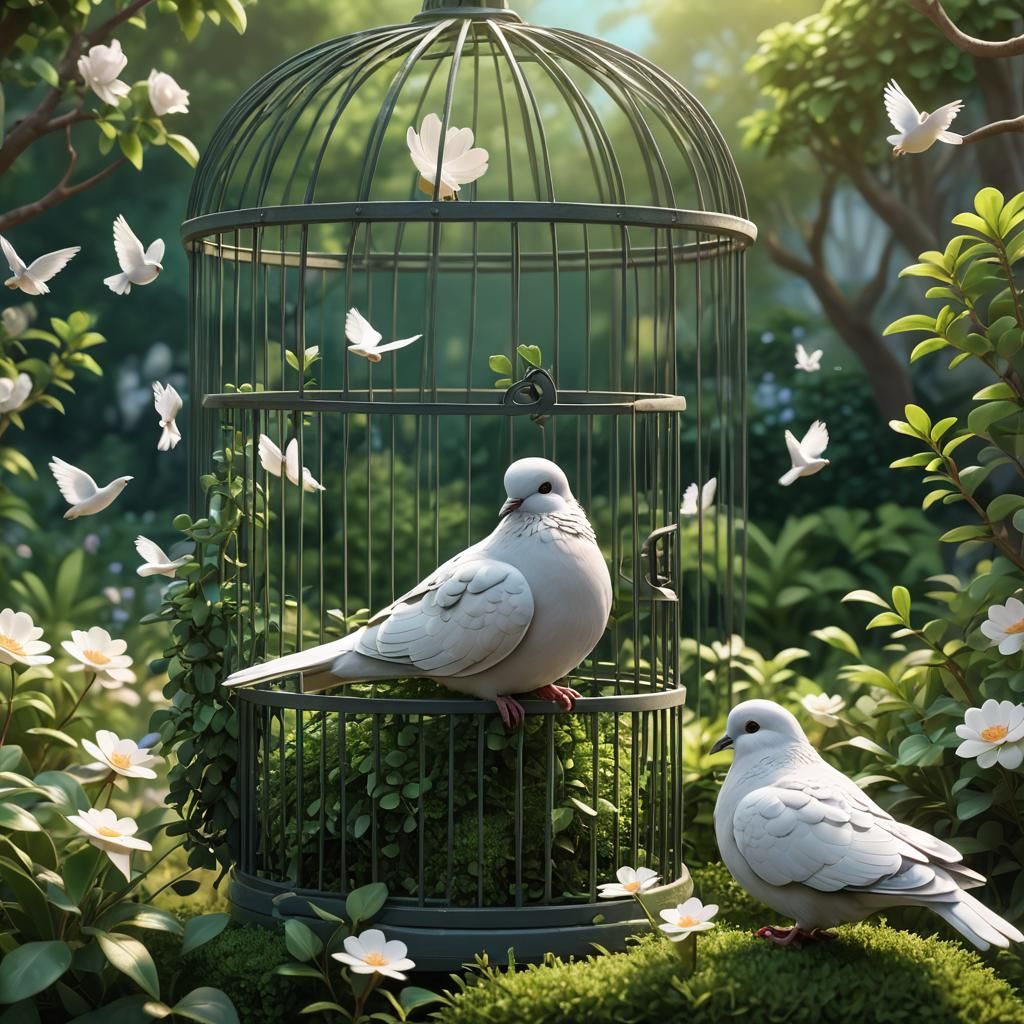 Dove in Cage in Green Garden: 3D Digital Art