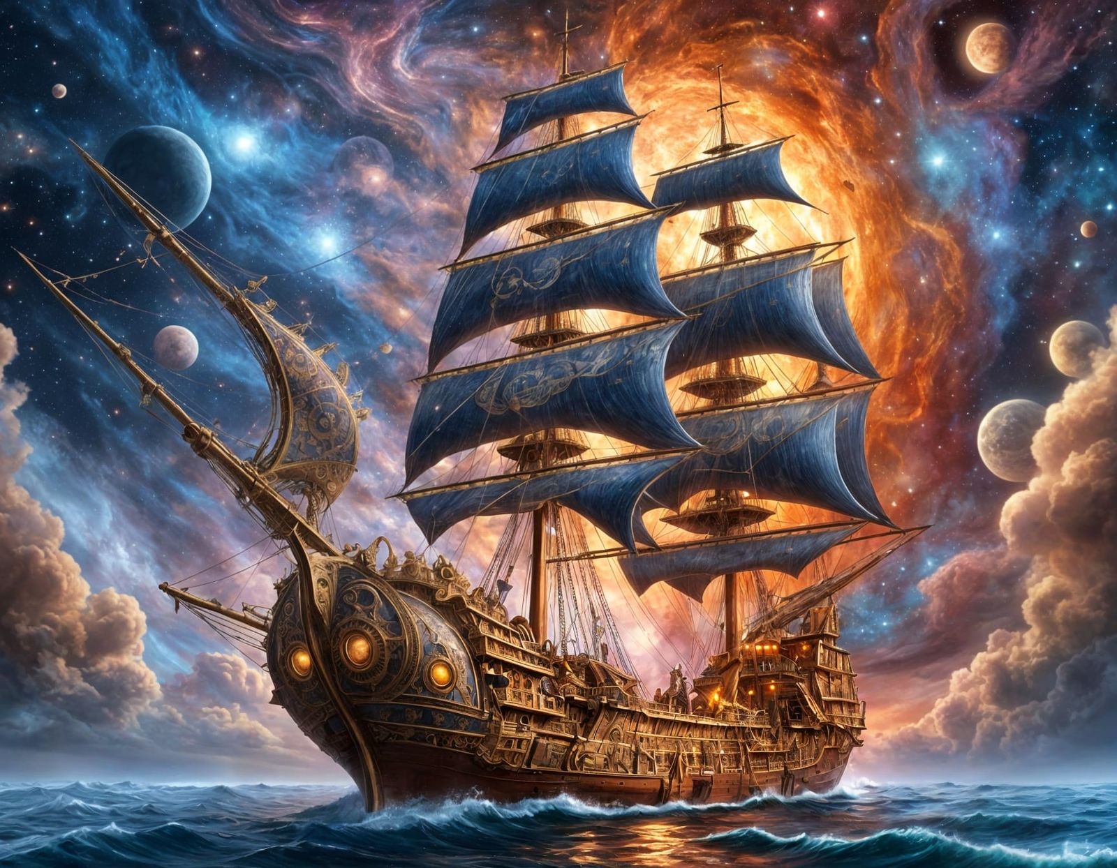 Galleon Sails Through Nebula in Detailed Matte Painting