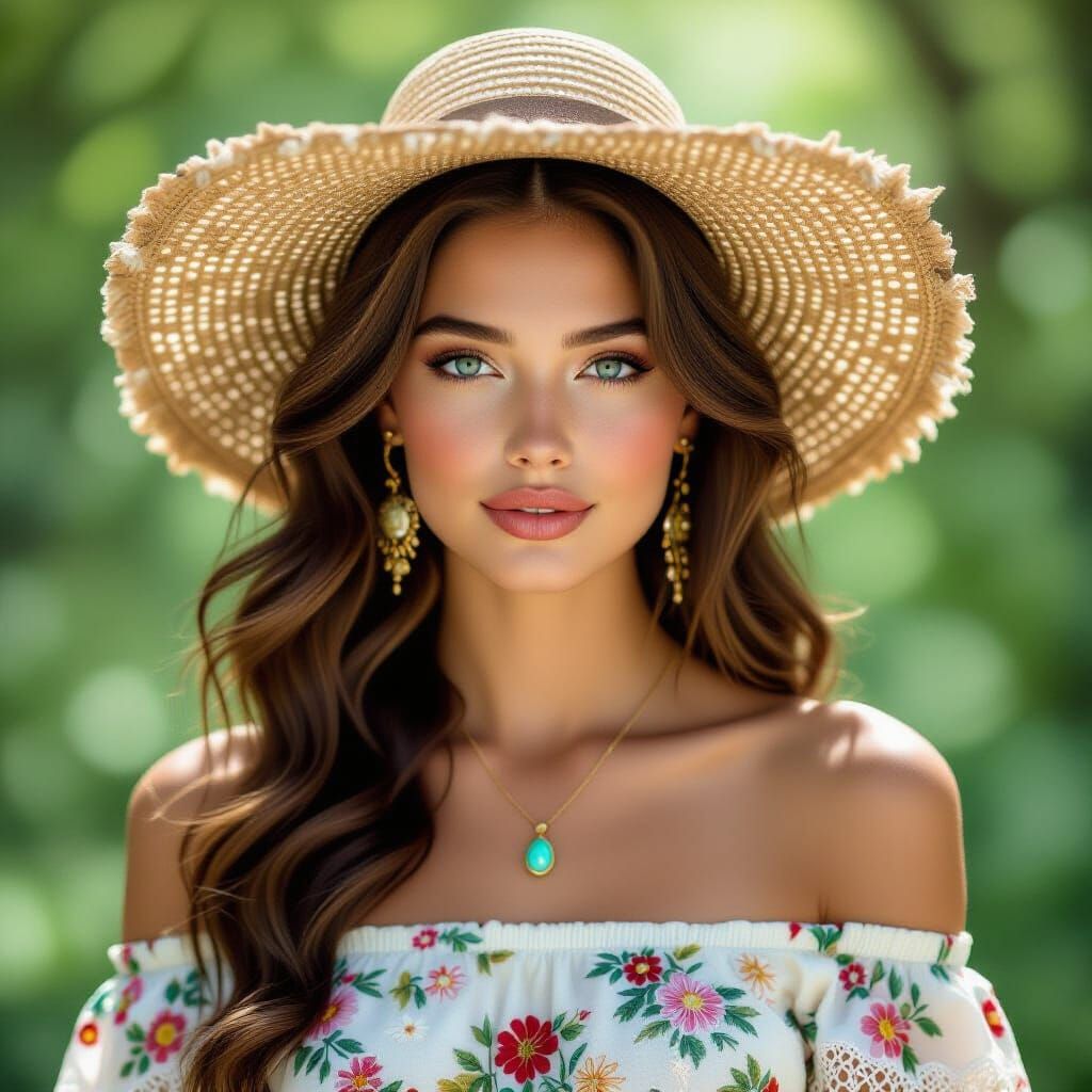 Woman in Floral Dress, Alphonse Mucha Style