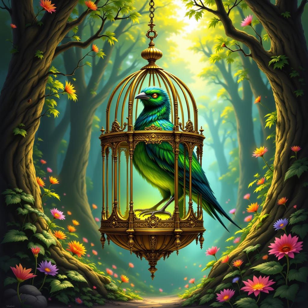 Steampunk Mechanical Bird in Ornate Gilded Cage