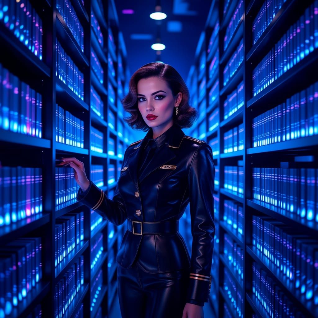 Seductive Librarian in Retro-Futuristic Film Noir Style