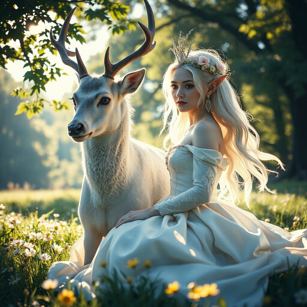 Elven Queen and White Deer in a Sunlit Meadow