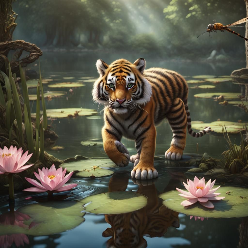 Tiger Cub Hunting Dragonfly: Detailed Matte Painting