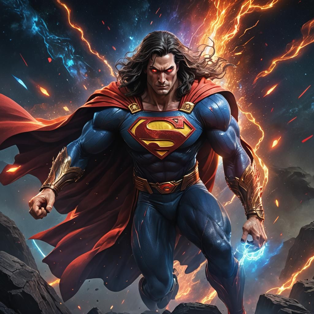 Superman with Flowing Hair in Cosmic Setting