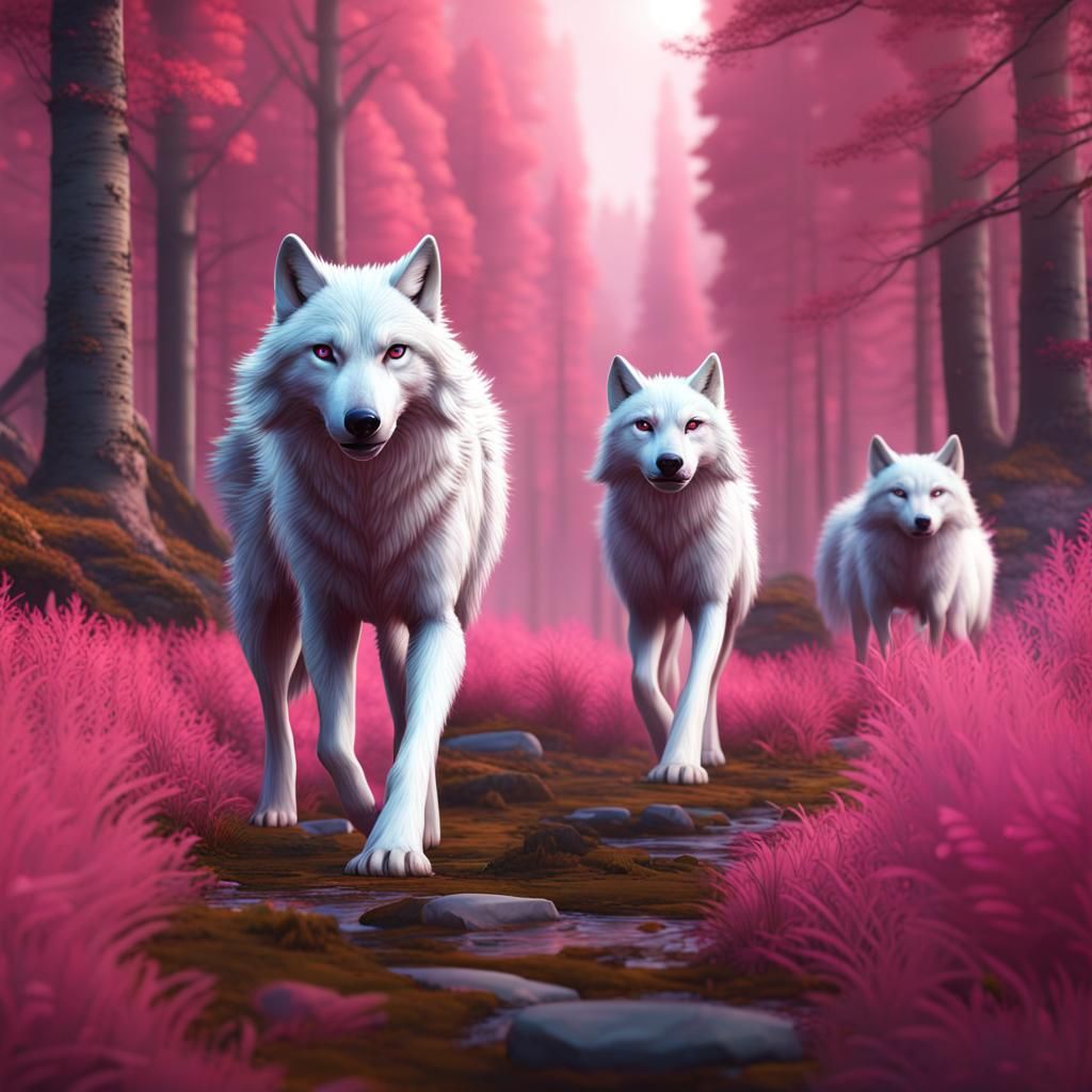 White Wolves and Weasel in Pink Forest