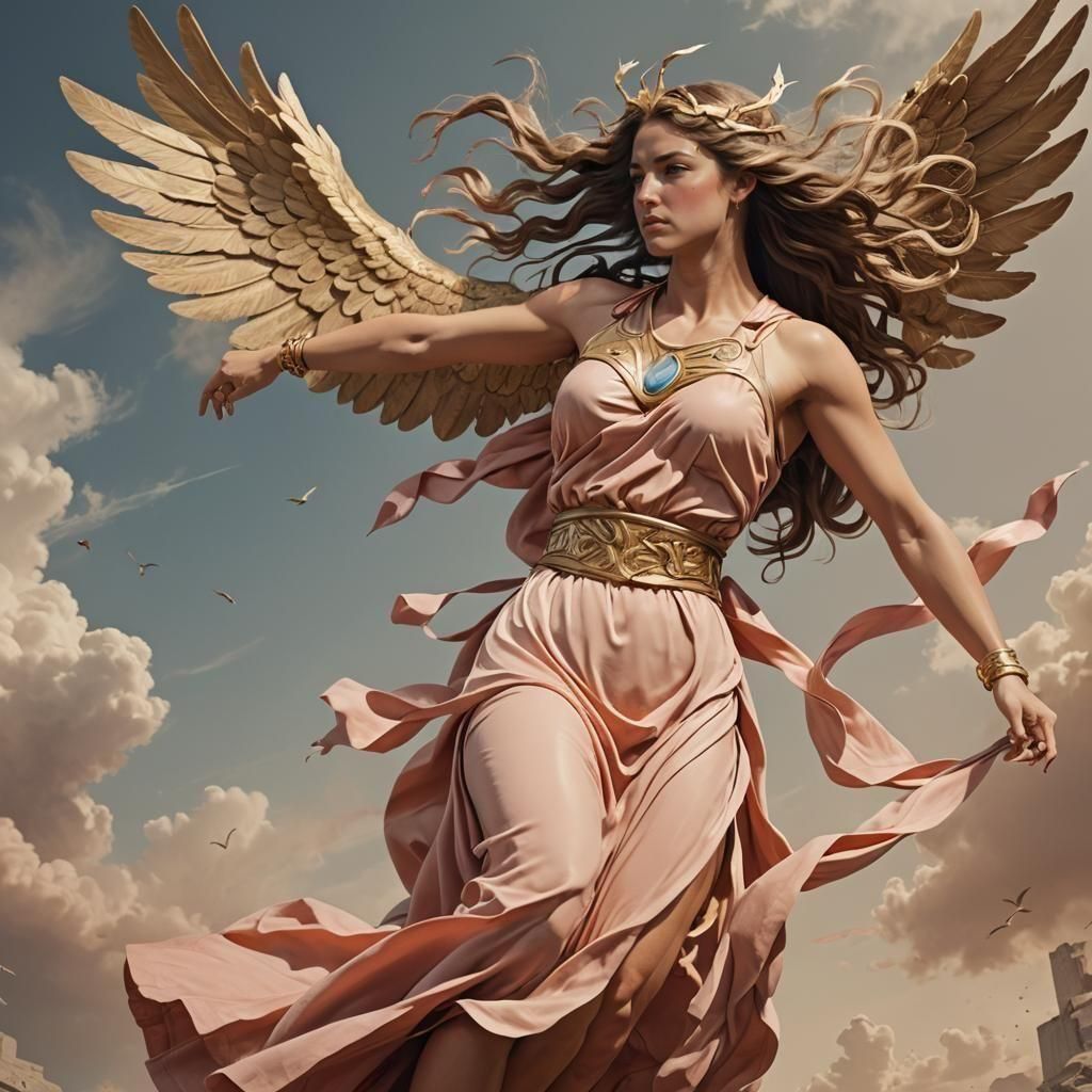 Winged Nike Goddess Running in the Sky