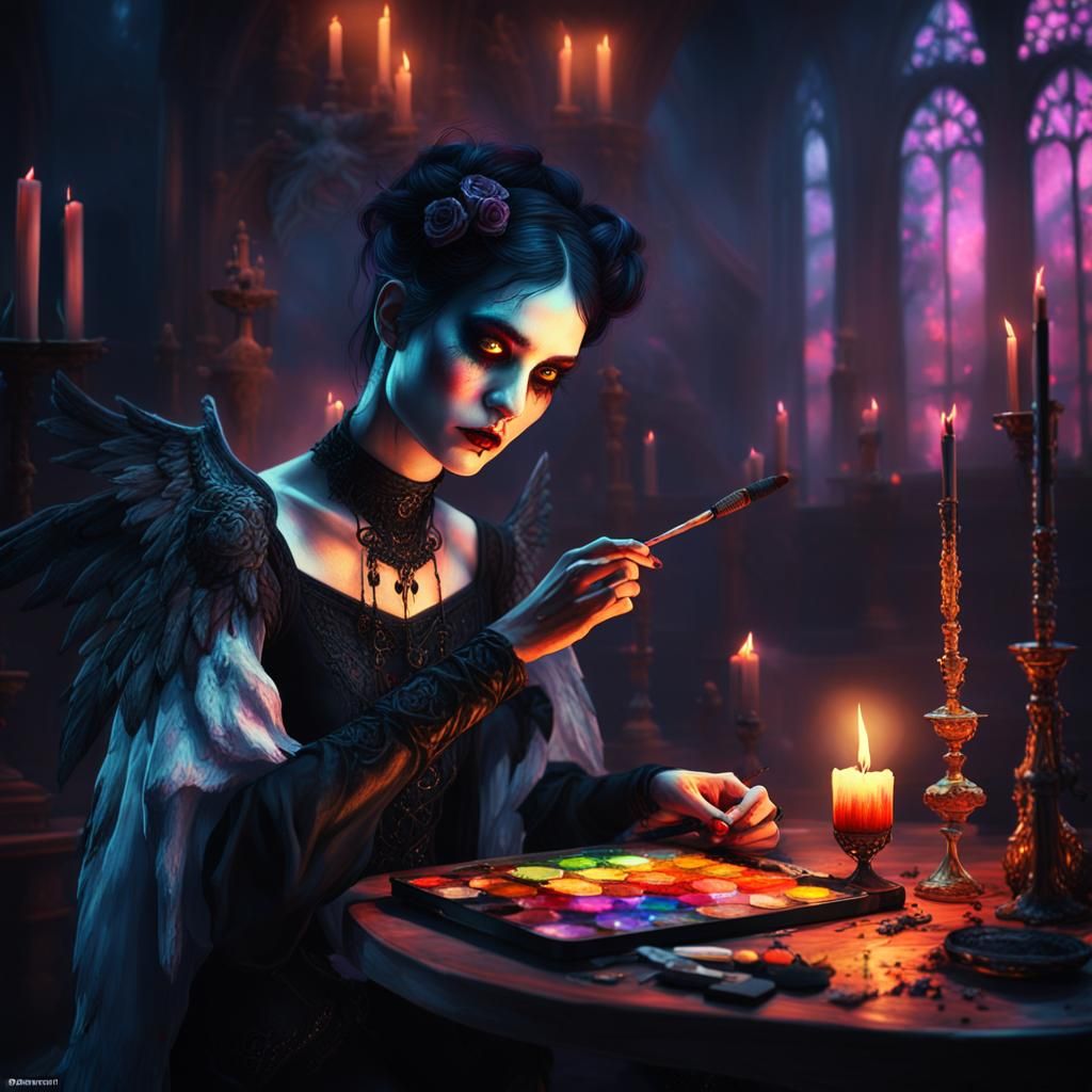Gothic Angel Vampire Paints a Self-Portrait
