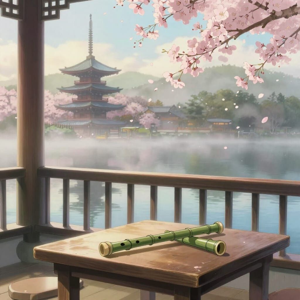 Peaceful Pagoda Balcony Overlooking Misty Lake in Lofi Studi...