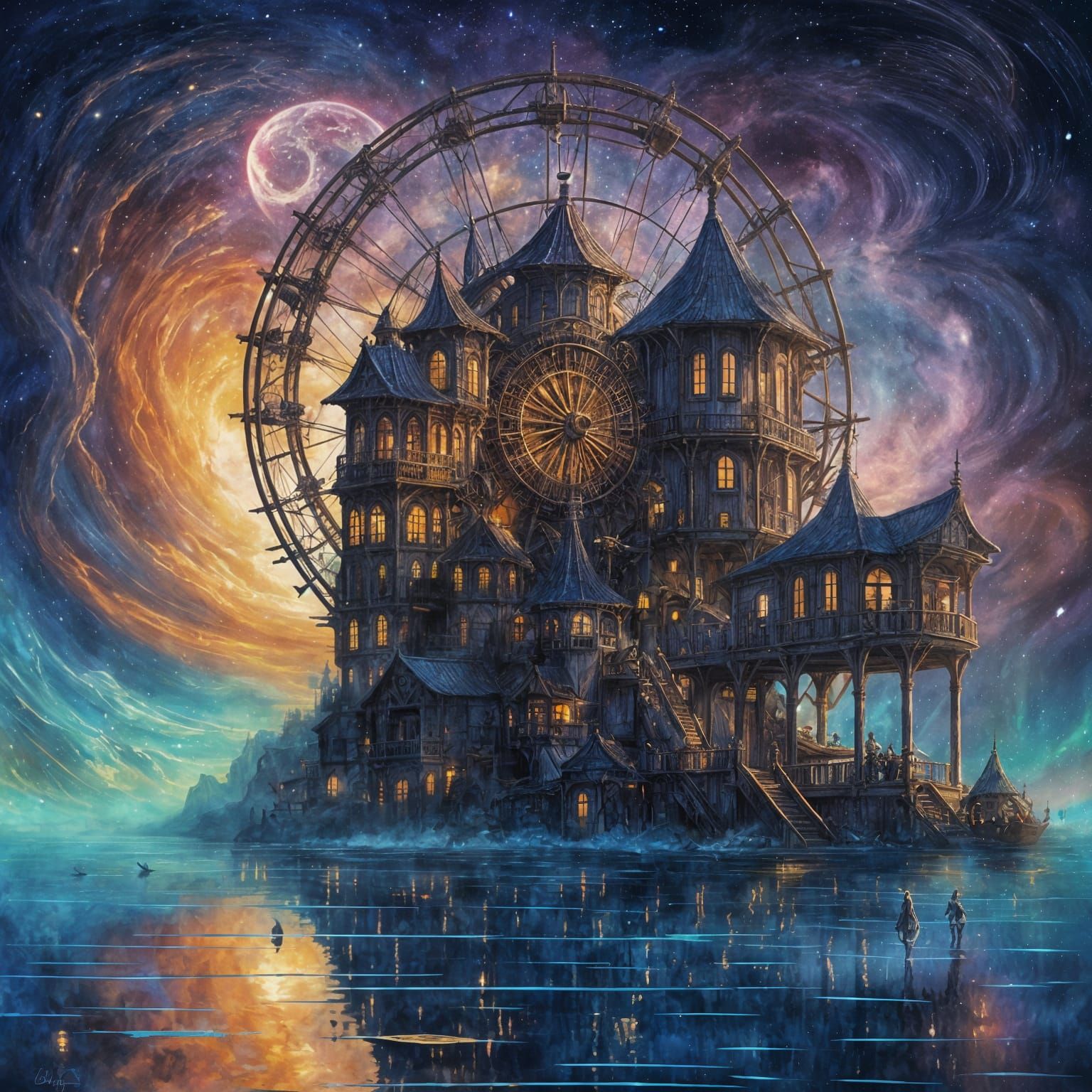 Ethereal Steampunk Oasis in Whimsical Celestial Waters