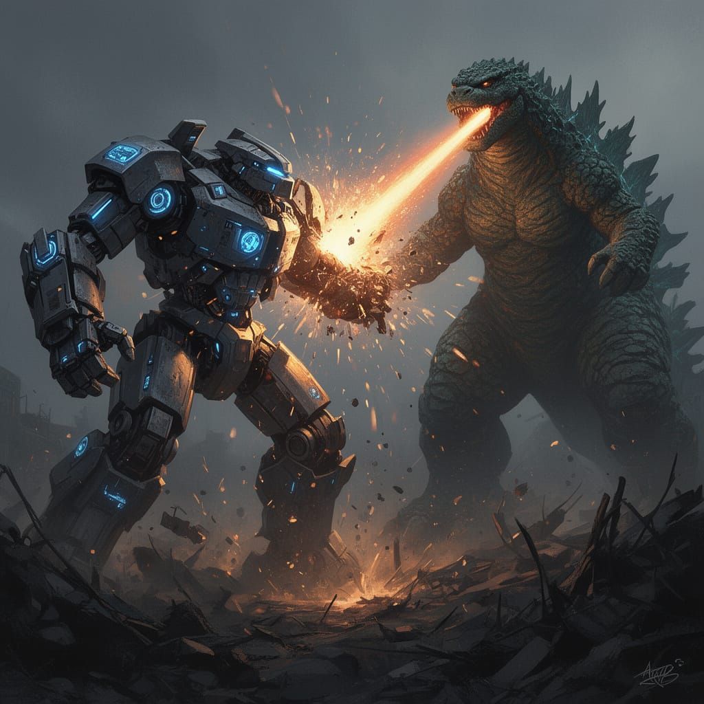Giant Robot Punches Godzilla Then is Destroyed by Atomic Bea...