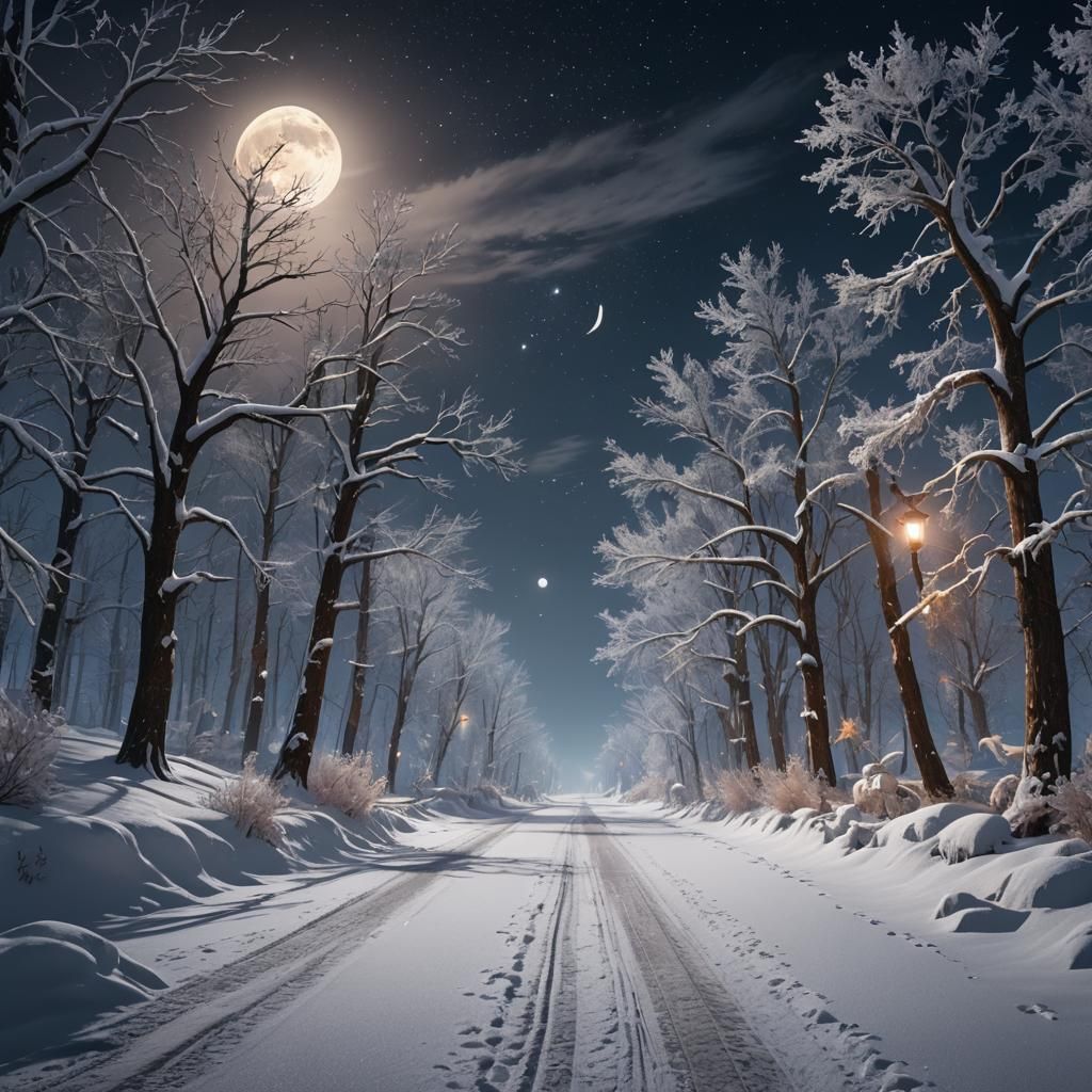 Snowy Road Under Moon in Detailed Matte Painting