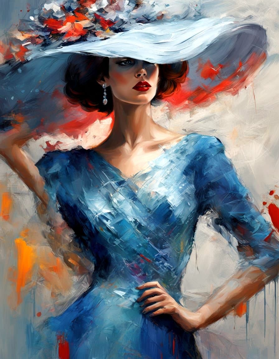 Blue Dot Acrylic Painting of Elegant Lady in Pearl Dress