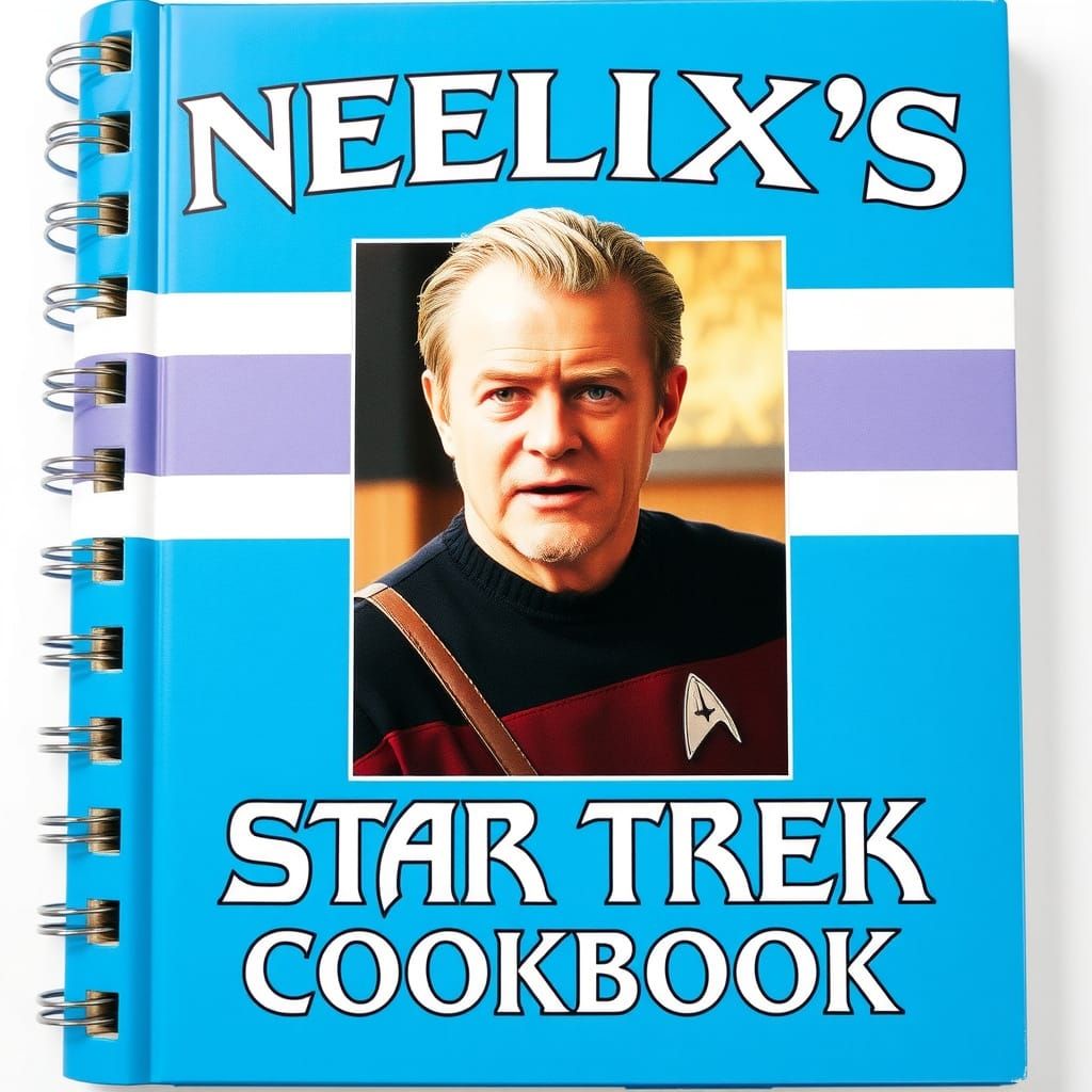 blue cookbook cover.  Picture of Neelix from "Star Trek:Voya...