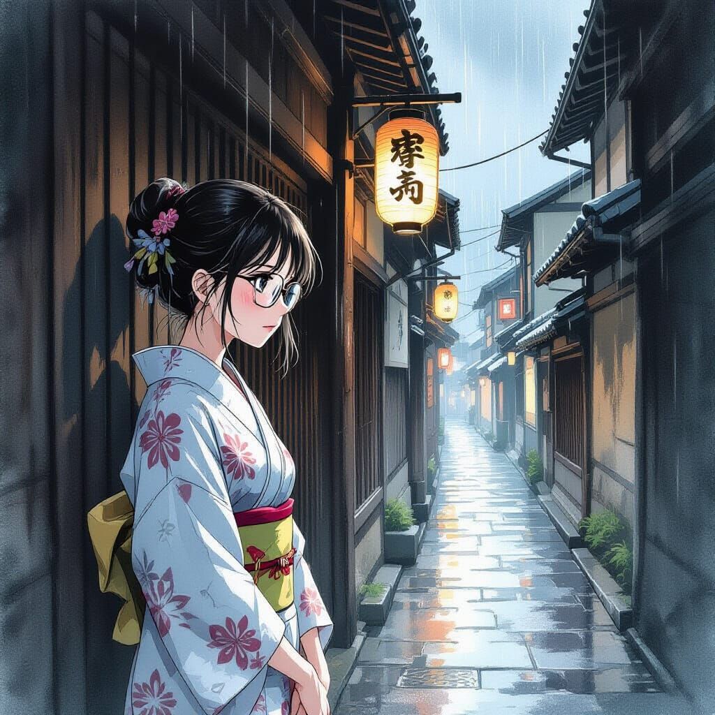 Japanese Woman in Rainy Alley: Charcoal & Watercolor Style