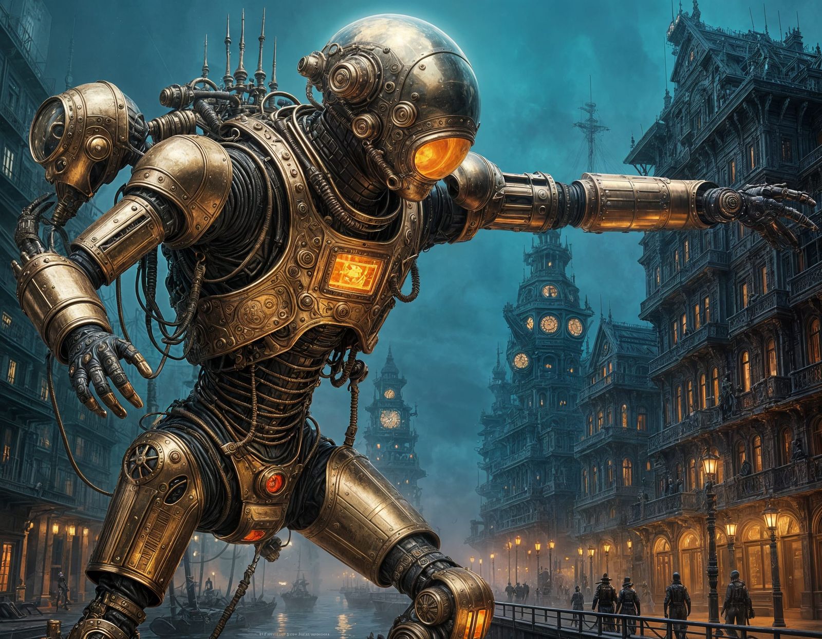 Steampunk Alien Bounty Hunter in Victorian Airship Harbor