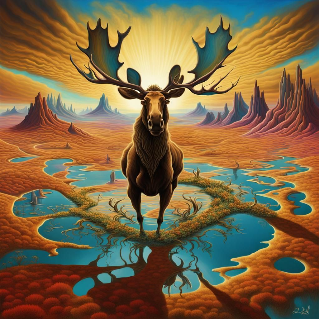 Moose in a Vortex of Surreal Landscape Art
