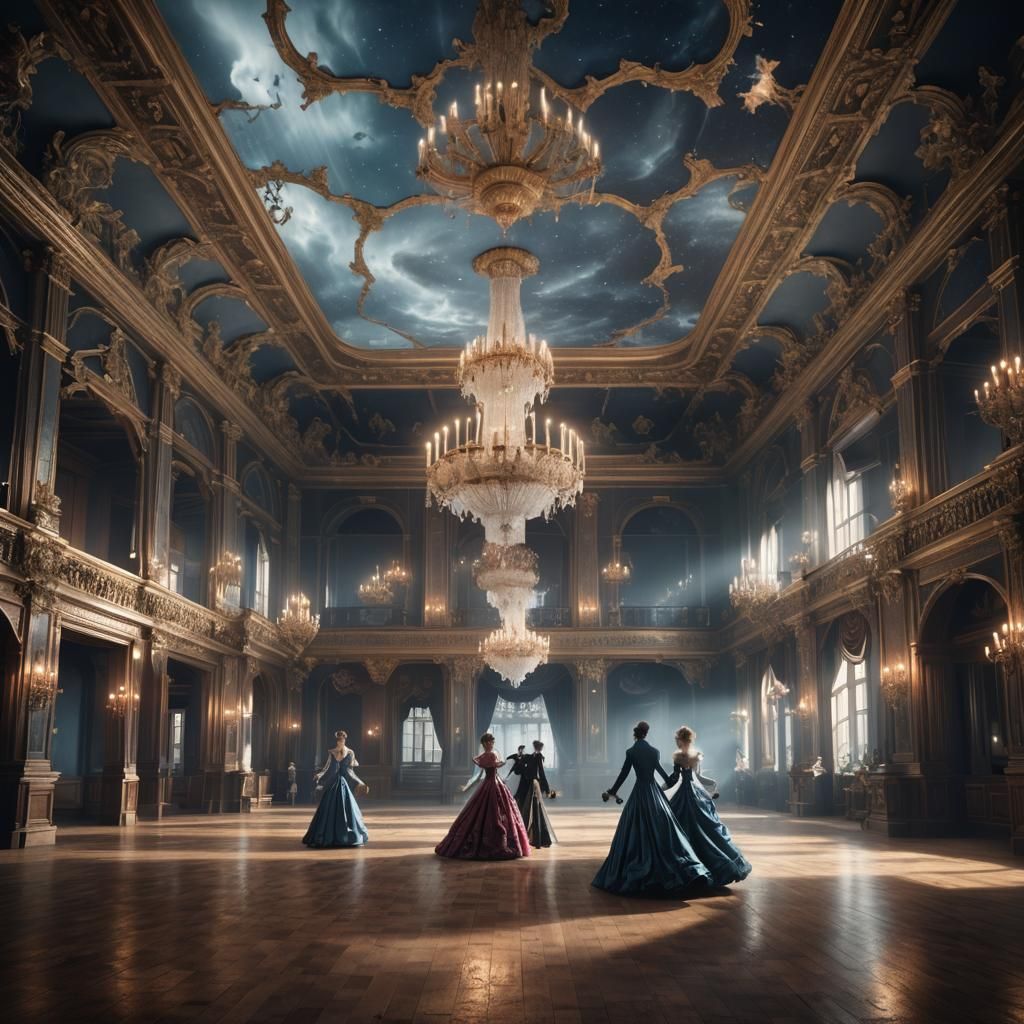 Hauntingly Beautiful Ballroom with Ghostly Figures