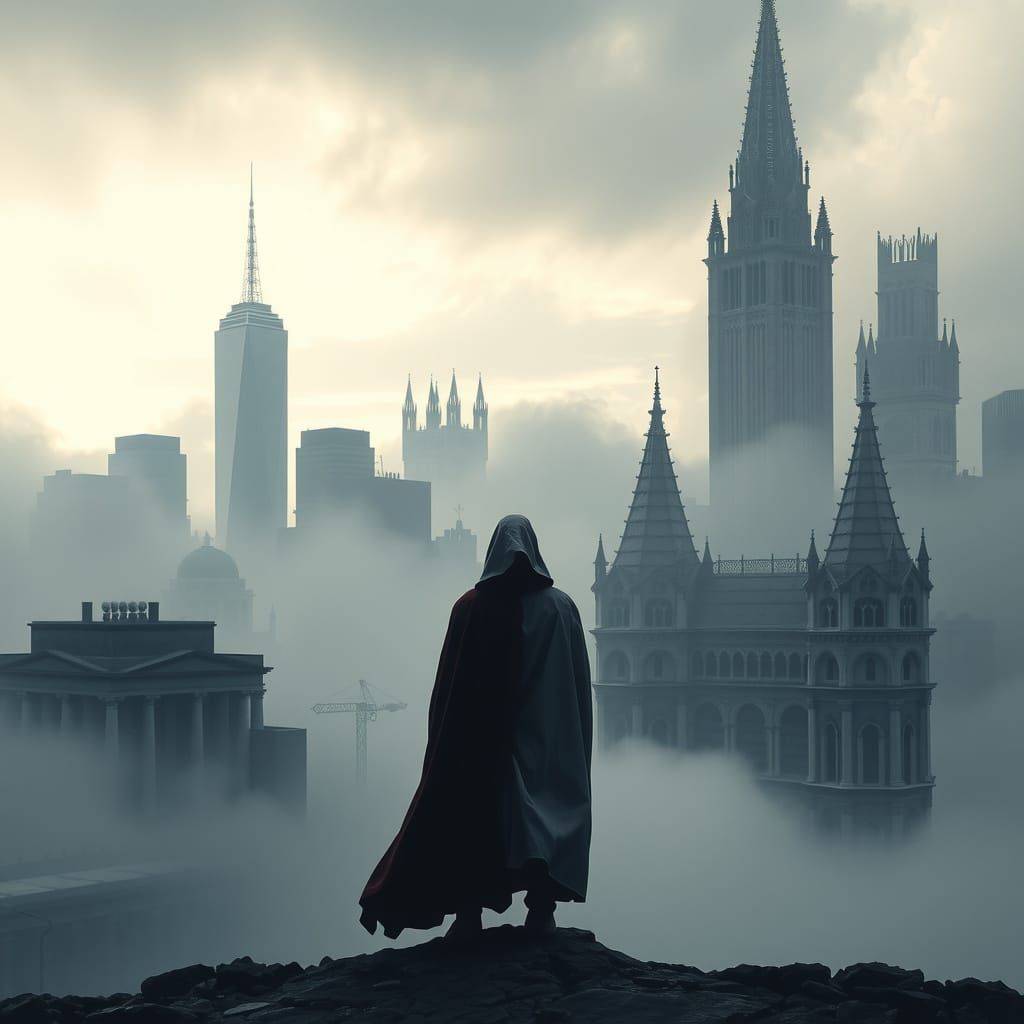 Mysterious Figure in a Moody Cityscape at Dusk