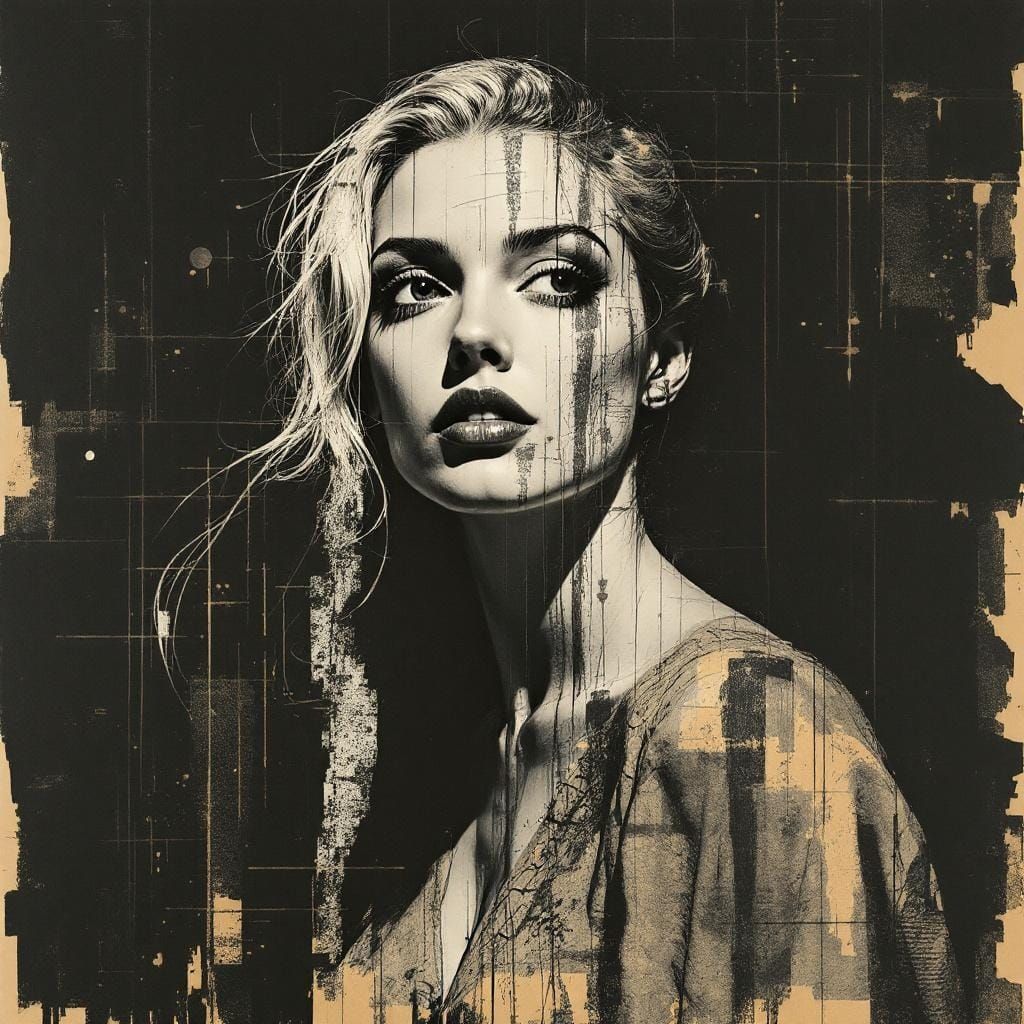 1950s Pin-Up in Combined Printmaking Styles