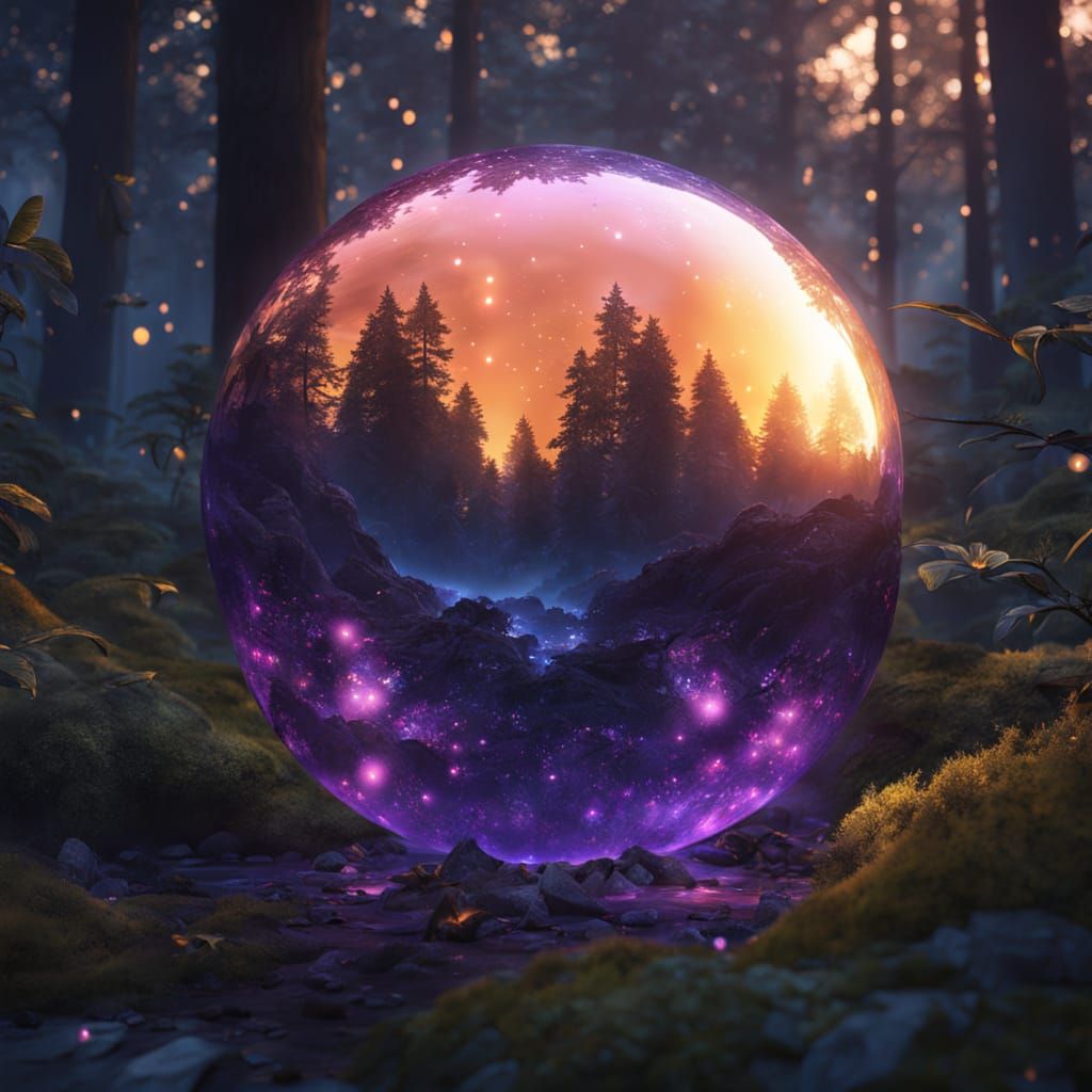 Surreal Glass Orb Illuminates Whimsical Forest in Rich Fanta...