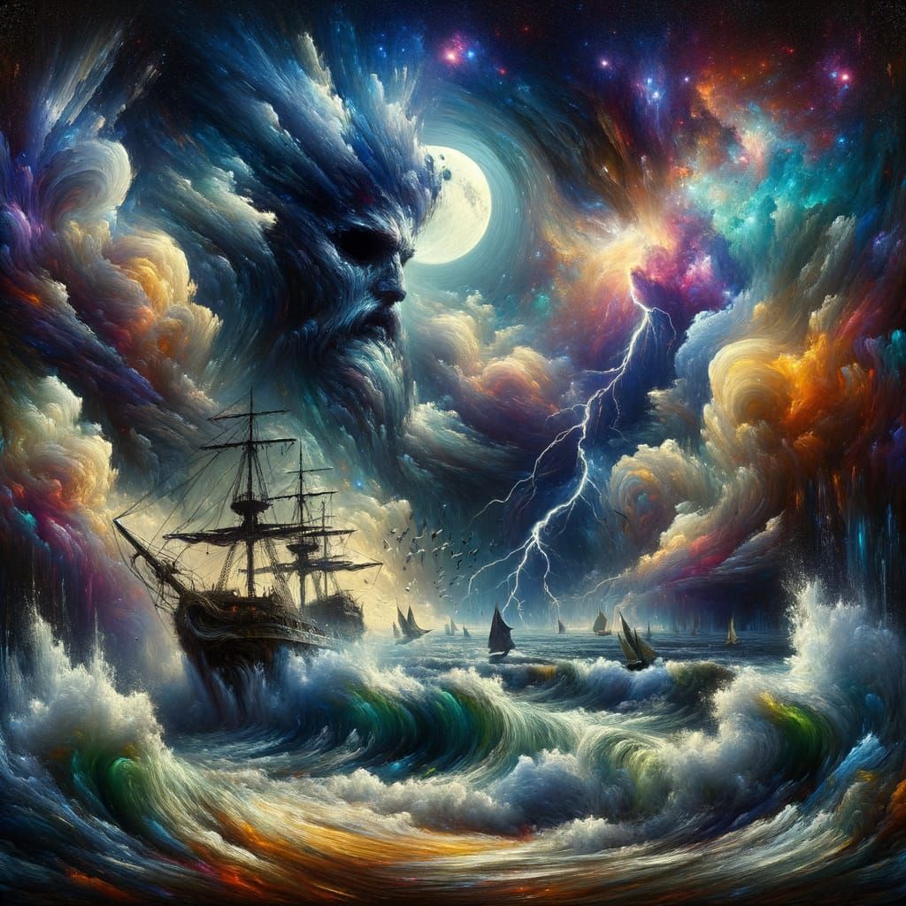 Poseidon's Fury: Ship Battles Stormy Seas Under Nebula Sky