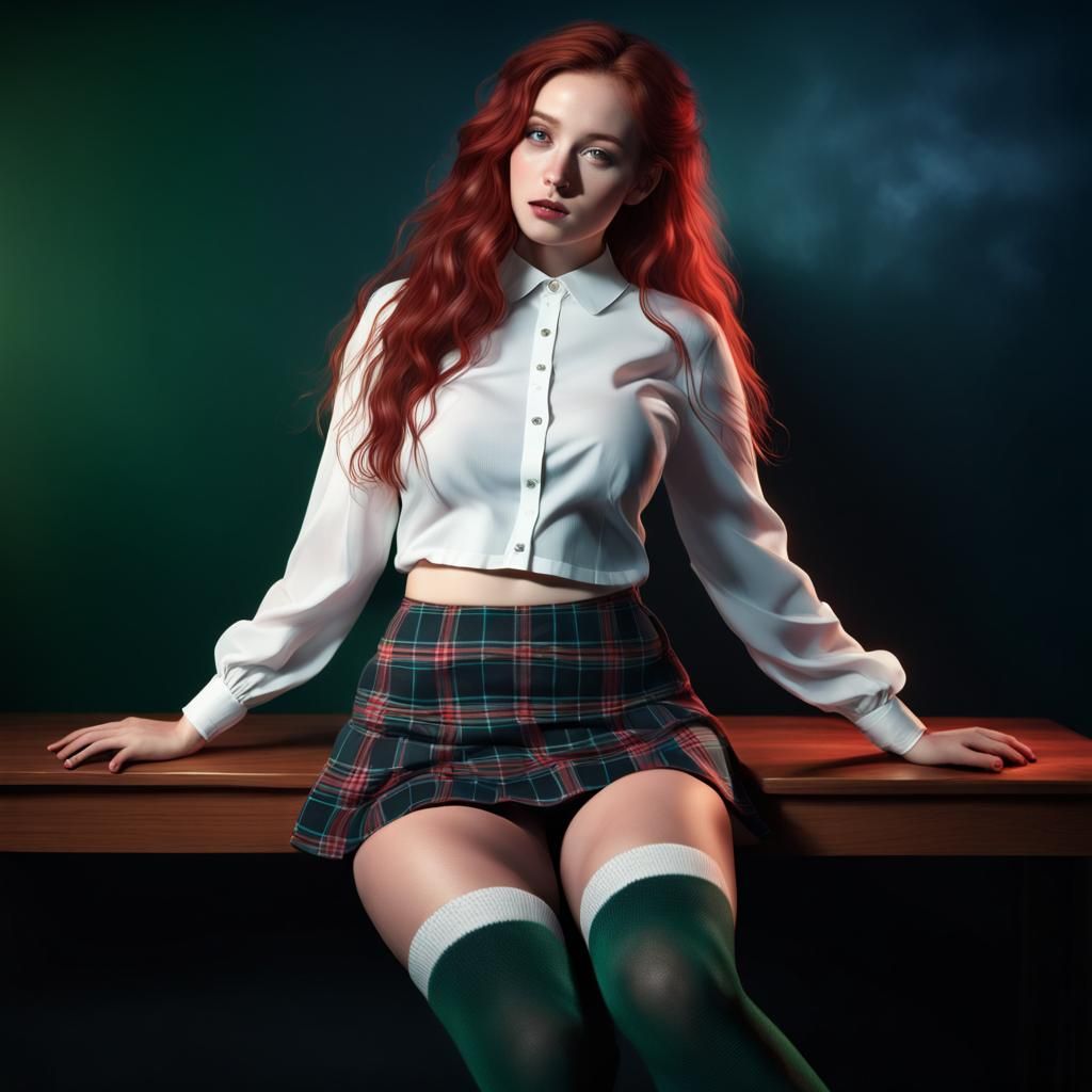 Curvy Redhead in Plaid Skirt: 3D Render
