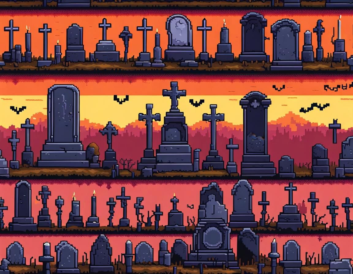 Pixel Art: Old Cemetery with Tombstones and Skulls