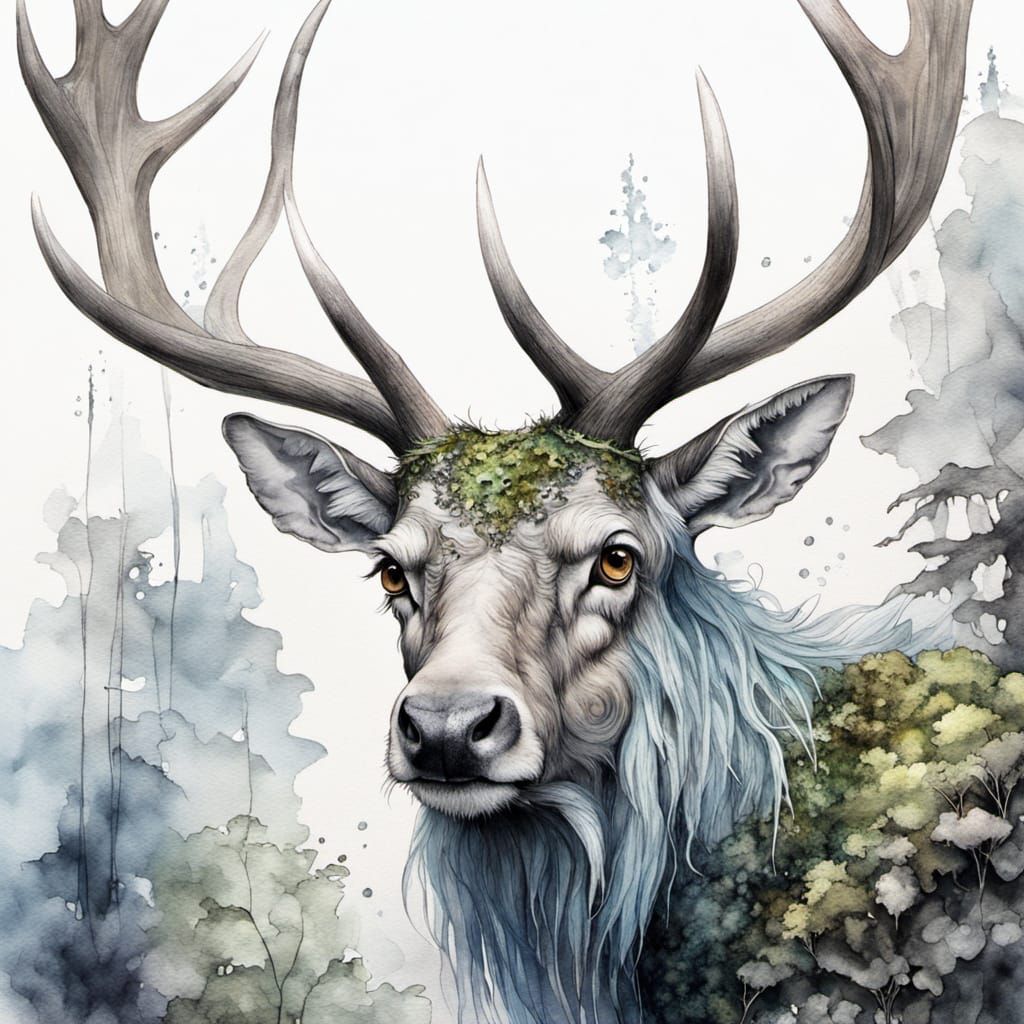 Magical Forest Creature With Pale Blue Eyes and Mossy Antler...