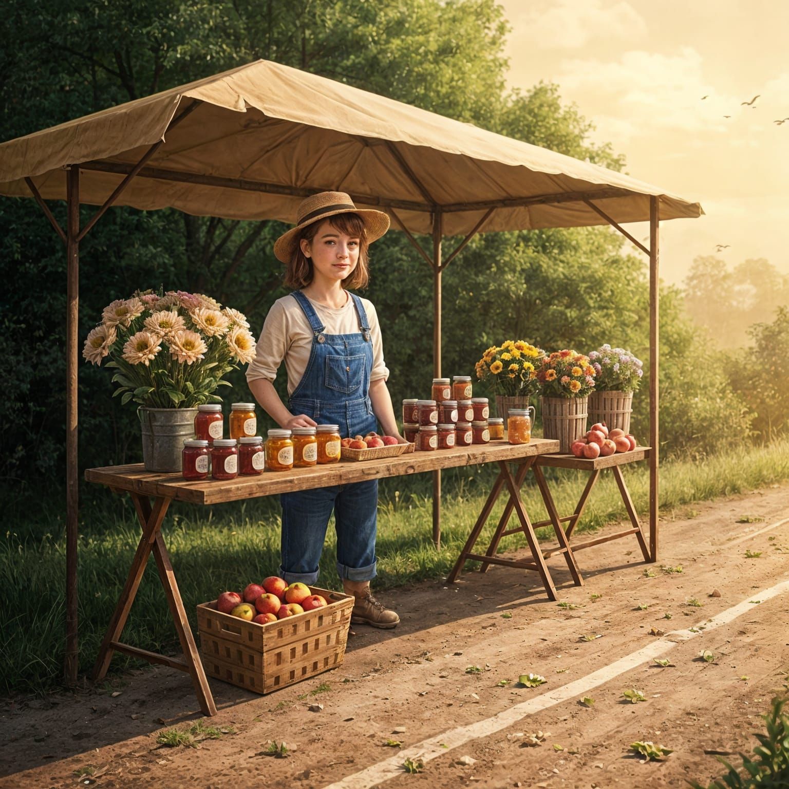 Charming Farmstand Portrait: Summer Day with Flowers