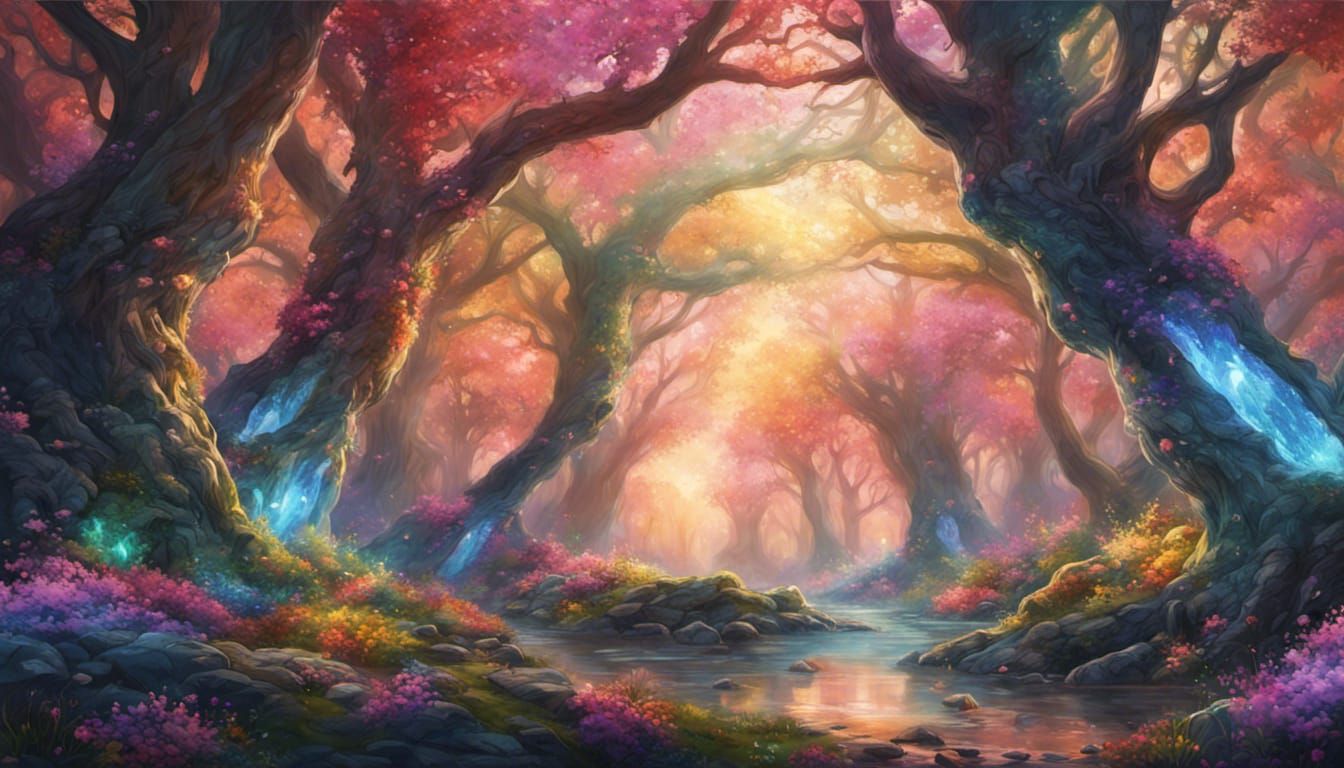 Enchanted Crystal Forest Landscape in Splash Art Style
