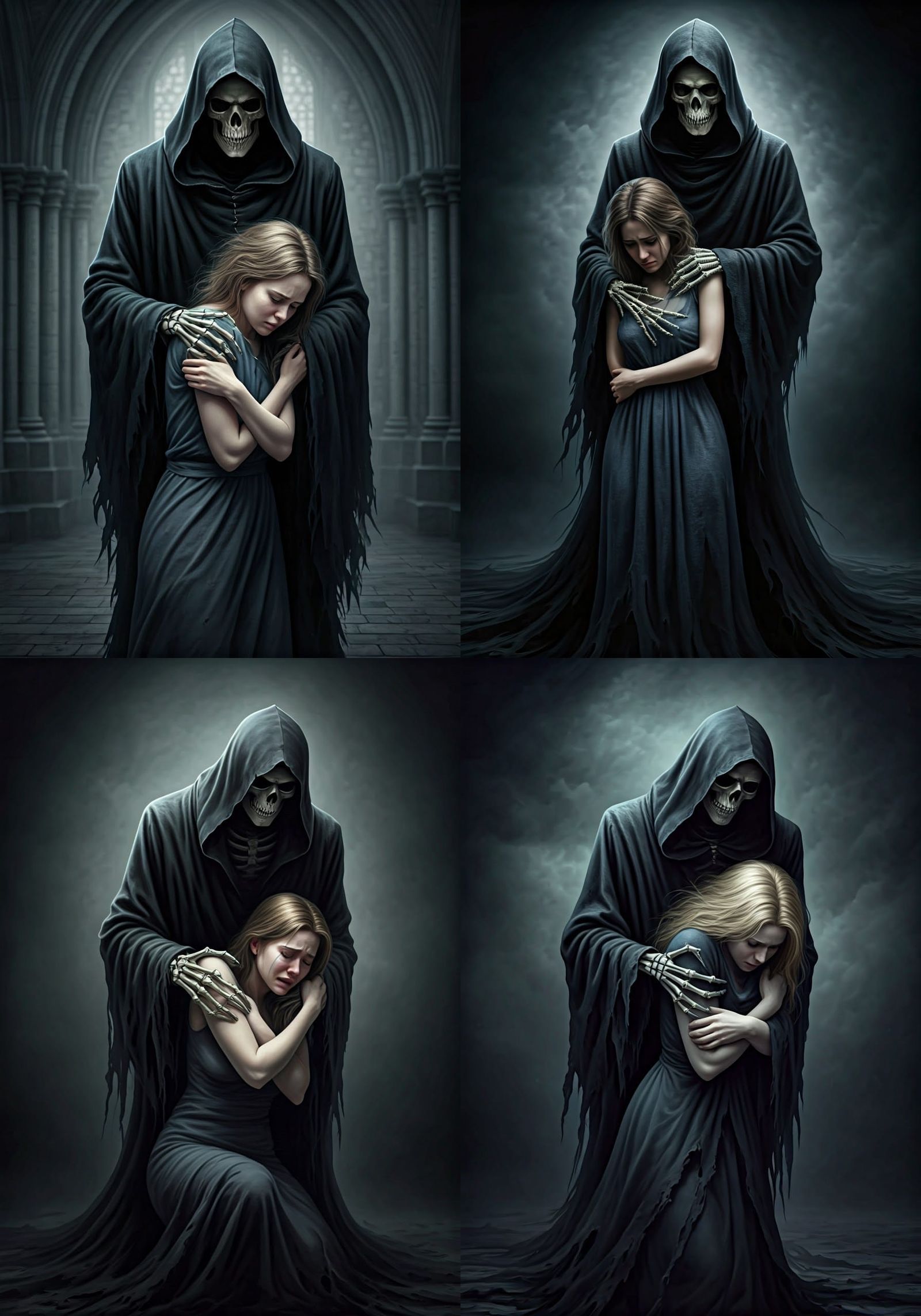 Grim Reaper Comforts Sobbing Woman: Ultra Realistic