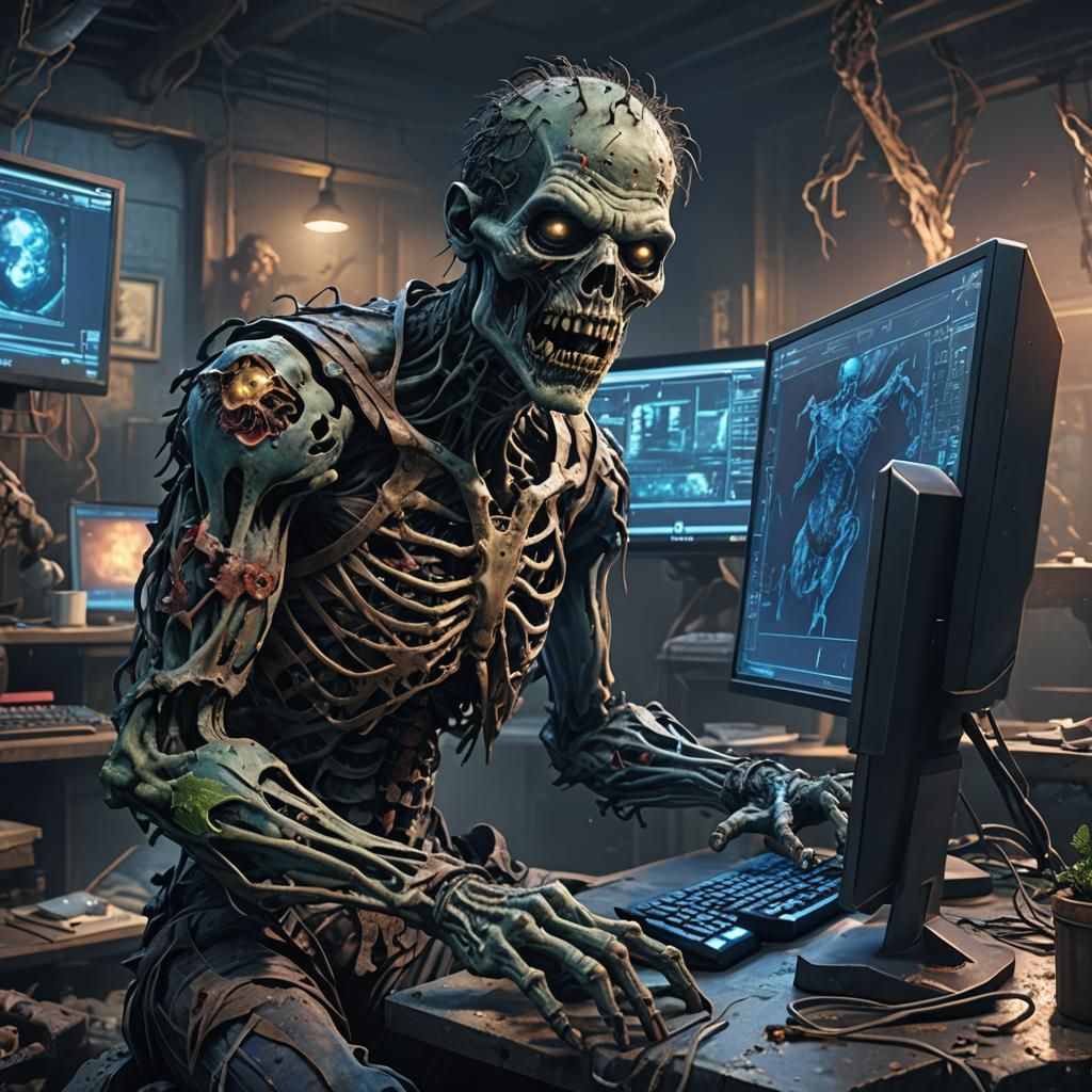 zombie on a computer with a blue screen
