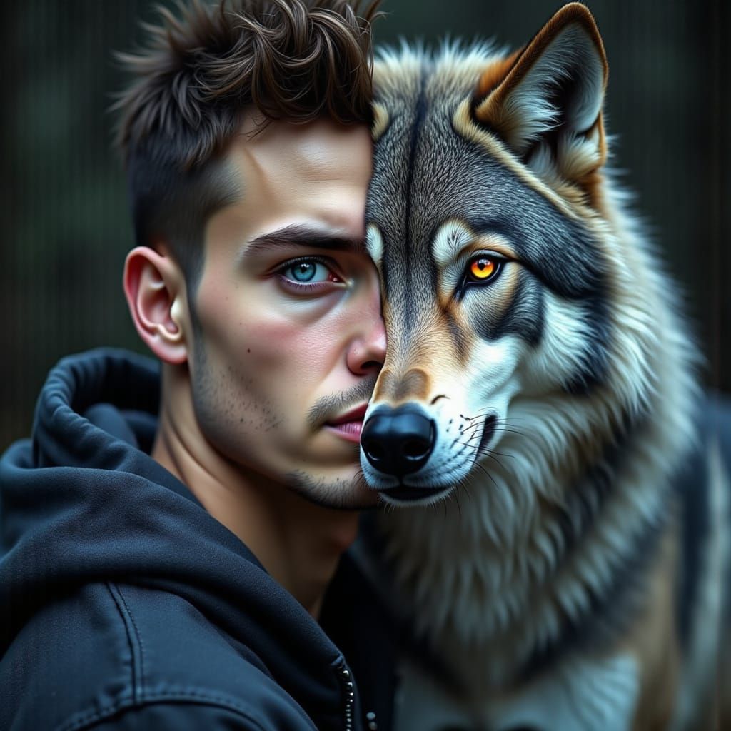 Surreal Portrait of a Man and Wolf Hybrid in Deep, Detailed ...