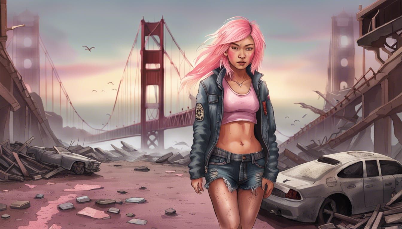 Post-Apocalyptic Asian Girl on Golden Gate Bridge