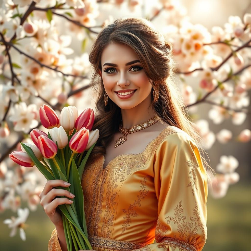 Slavic Goddess in Gzhel Style, Smiling in Springtime