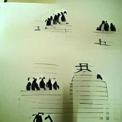 Penguin Army in Chinese Minimalist Ink Drawing