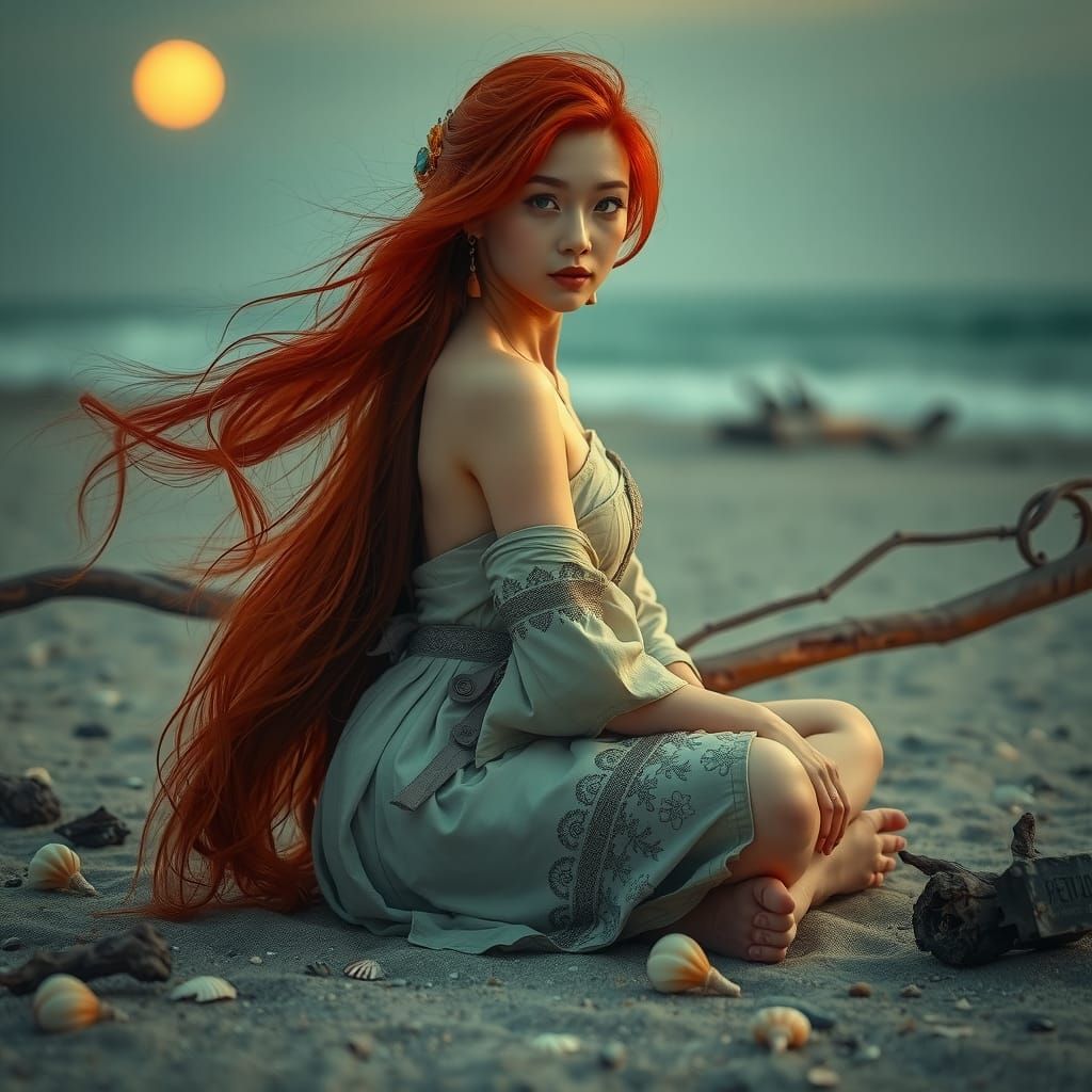 Japanese Woman on Moonlit Beach in Hyper-Realism