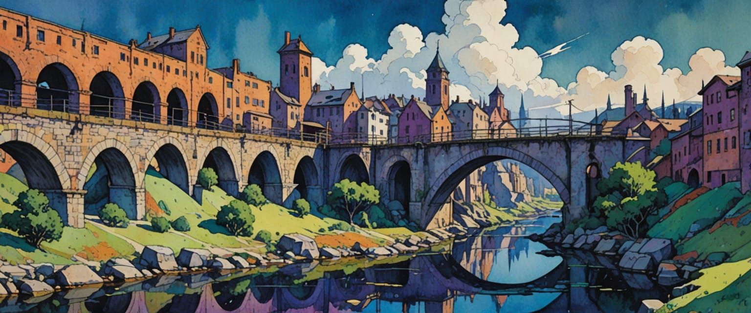 Industrial Wasteland: Impressionistic Factory District Under...