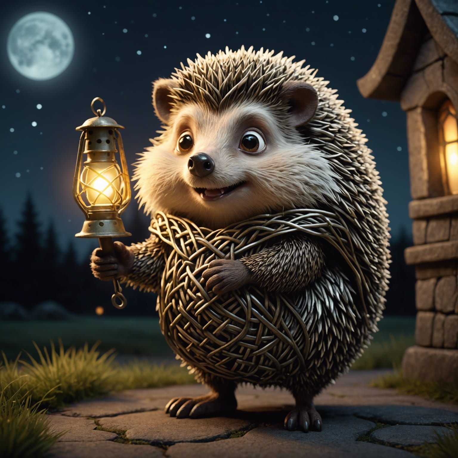Scared Hedgehog with Lantern in CGI Style