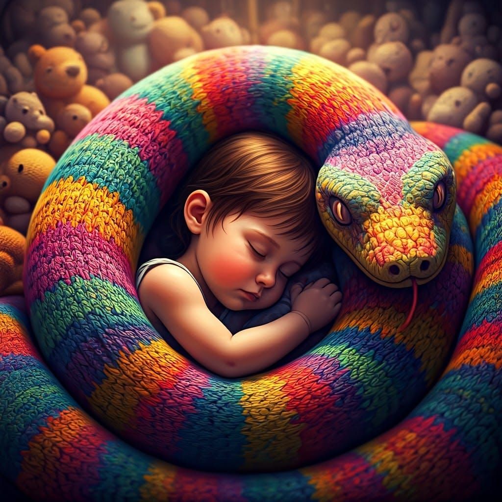 Knitted Serpent Hugging Sleeping Toddler: Fantasy Art