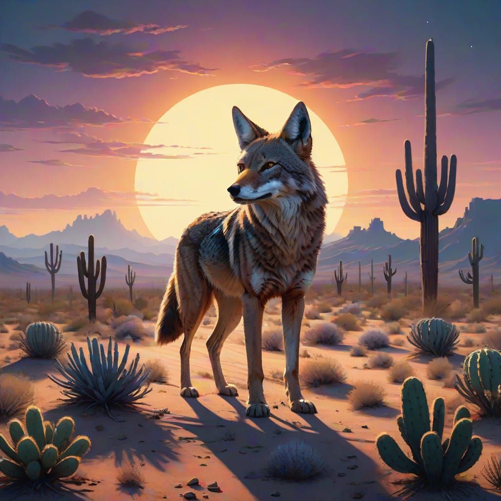 Coyote in Dreamy Desert Landscape with Sage Brush and Cacti...