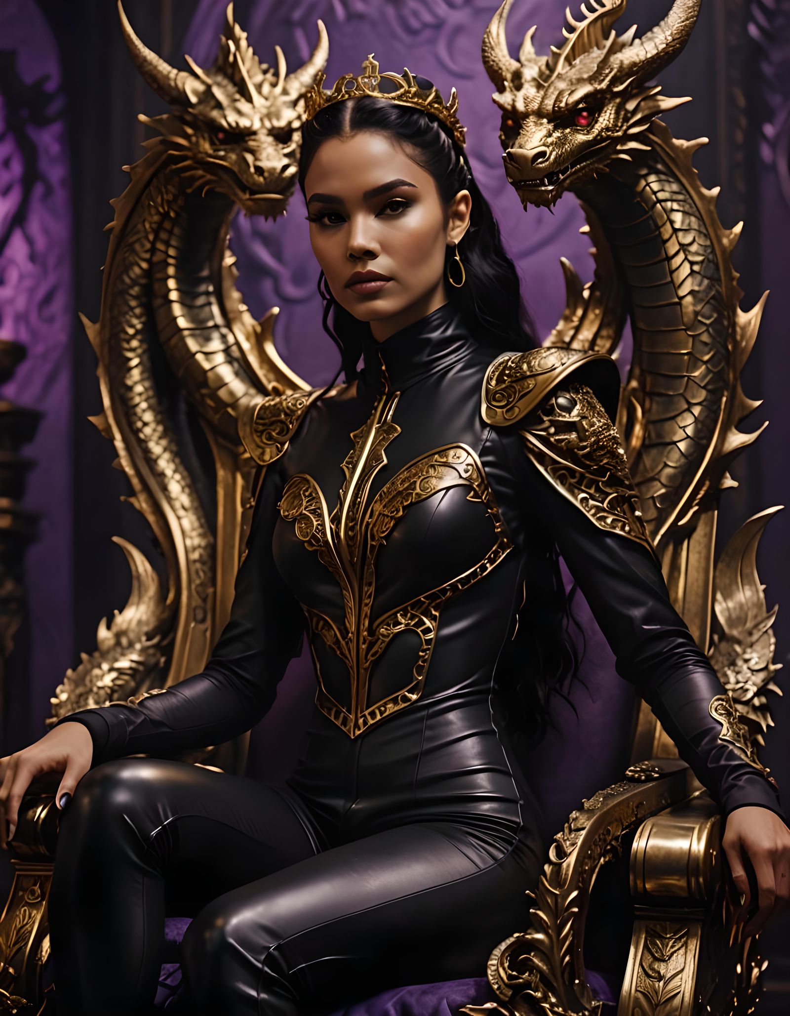 A young queen sitting on a Metal throne made of Gold