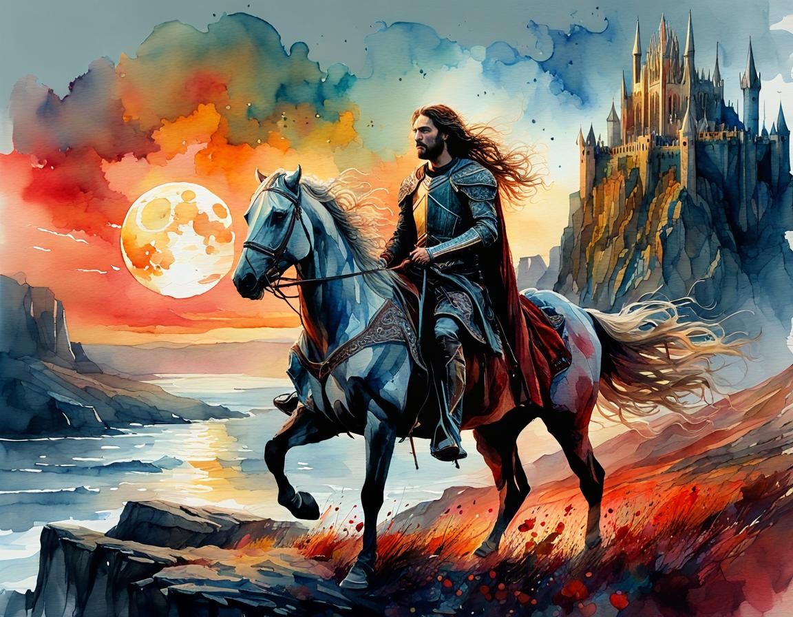Gondor Knight Rides into Bloodmoon Sunset Watercolor