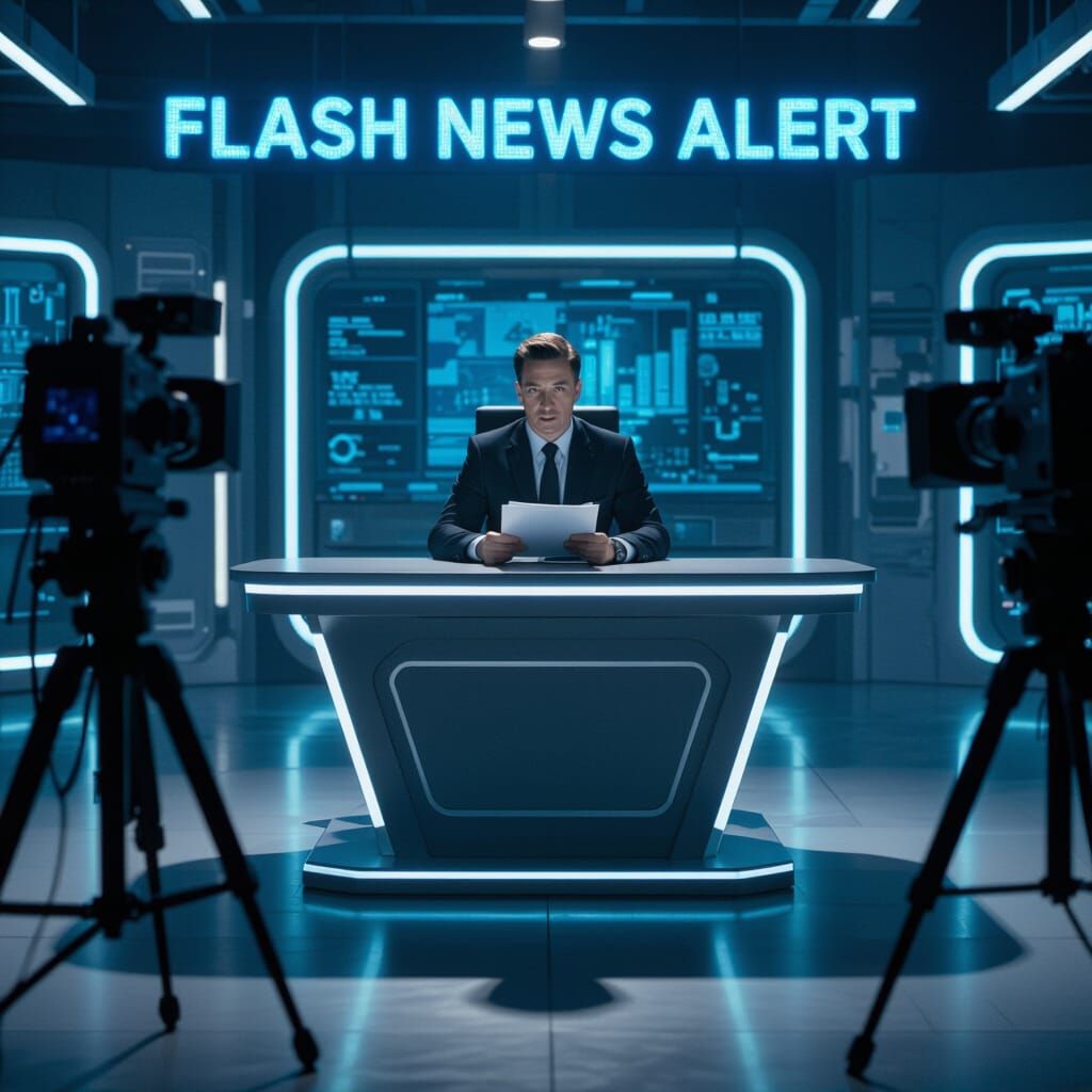 Futuristic Newsroom Scene in Sci-Fi Style