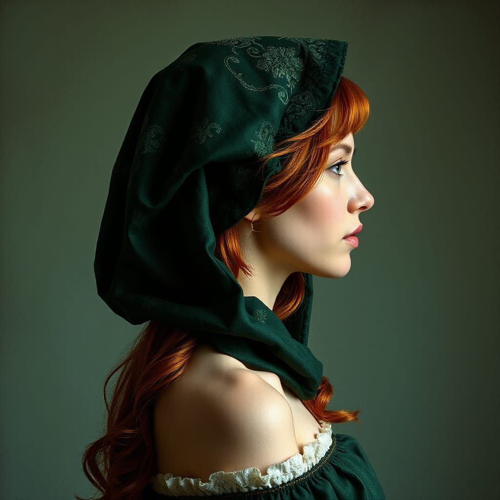 Renaissance Beauty with Emerald Hood in Muted Sage Green