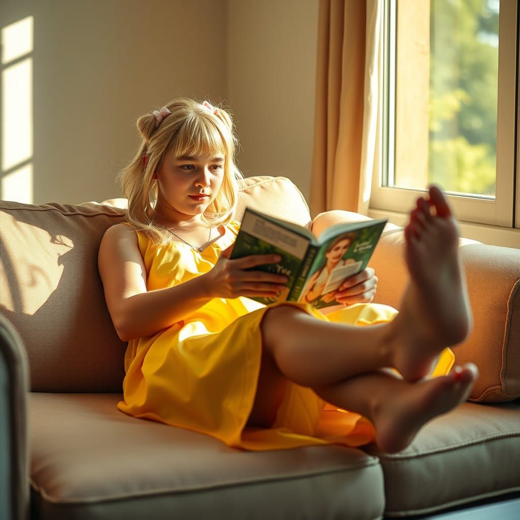 Young Man Reclines in Summer Dress, Long Blonde Wig, and Boo...