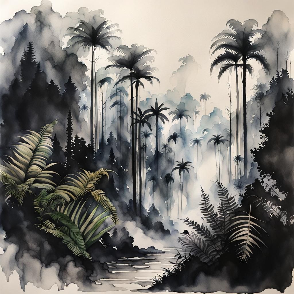 Smoky Jungle: Watercolor and Ink Painting