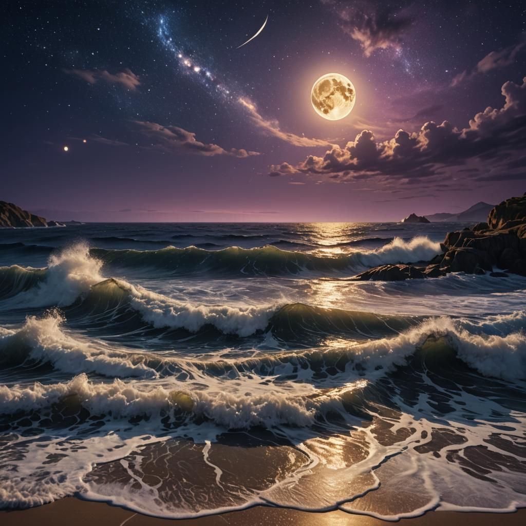Ocean Waves Under Starry Sky: Matte Painting